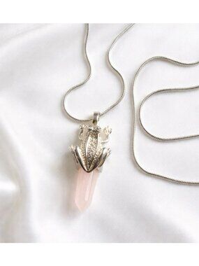 925 Sterling Silver Frog Rose Quartz Pendant Necklace 18” Snake Chain